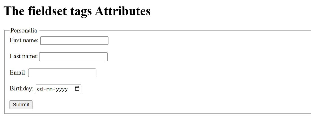 the fieldset tags attributes example