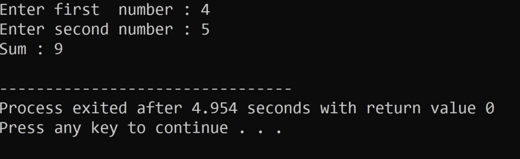 sum of two number in C progamming